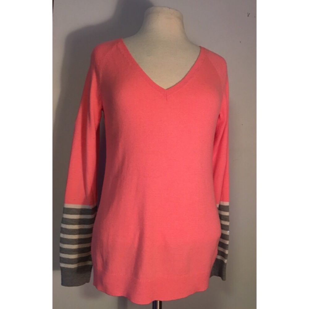 Gap neon orange, striped sequin cuffs V neck L/S